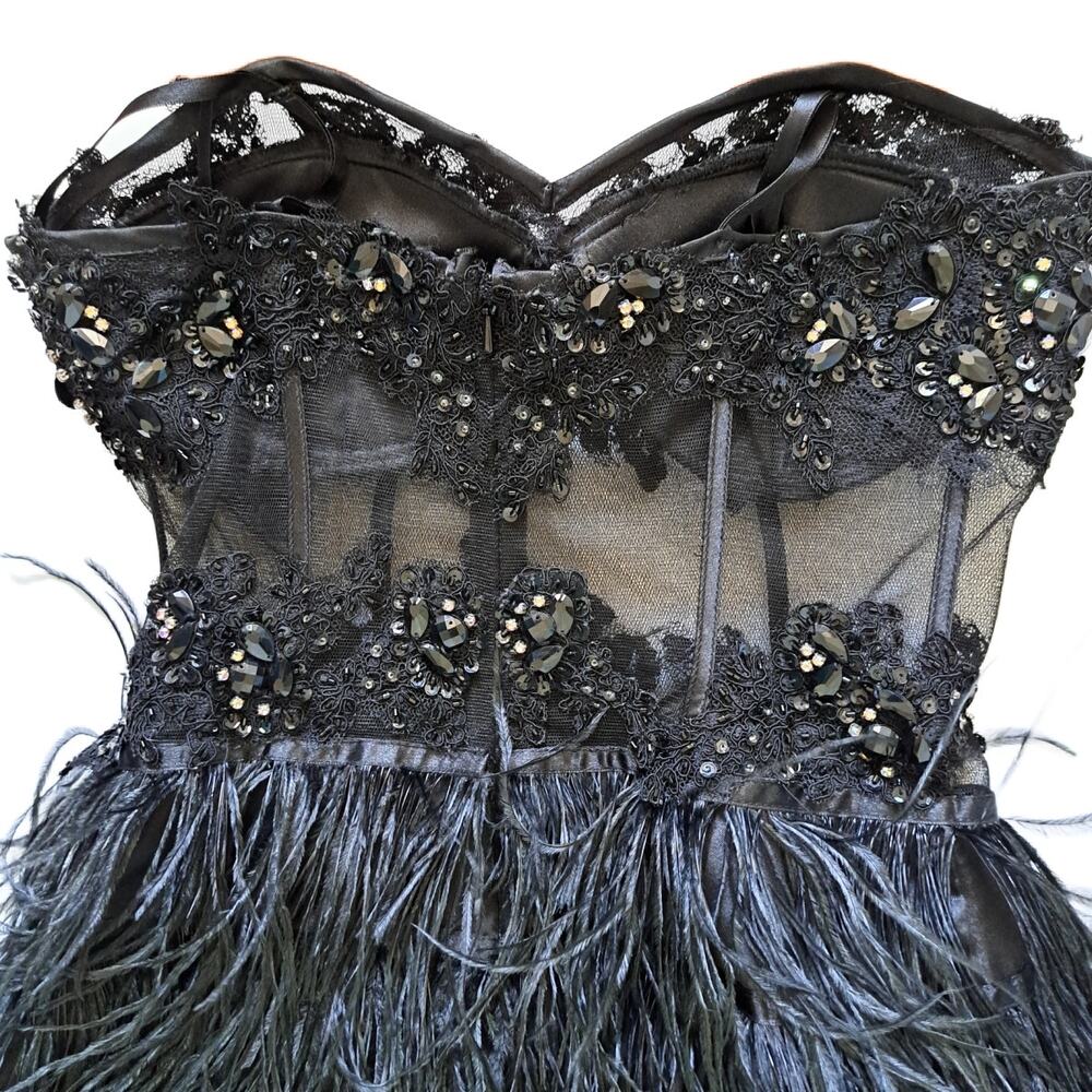 Cinderella Black Feather Corset Mini Dress Strapless Beaded Prom Size 4 Cocktail - Picture 14 of 16